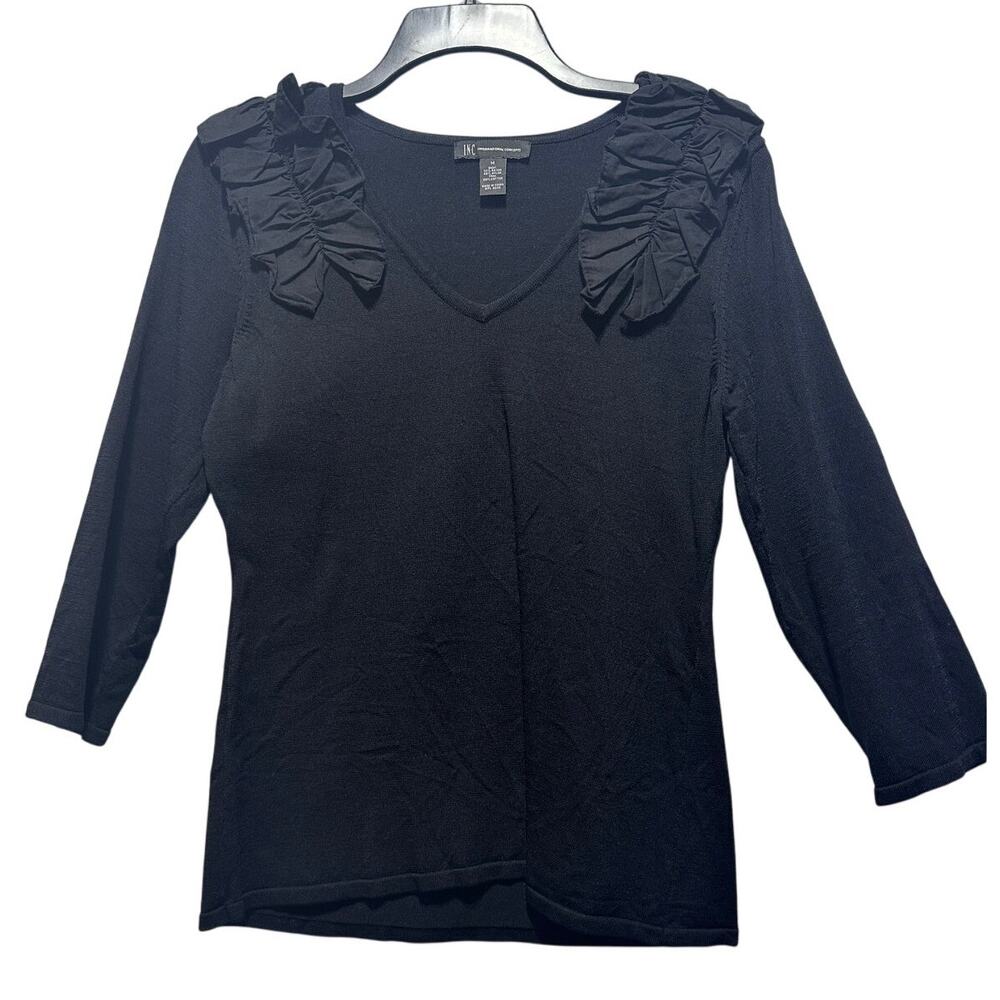 INC International Concepts‎ Ruffled V-Neck Sweater Black